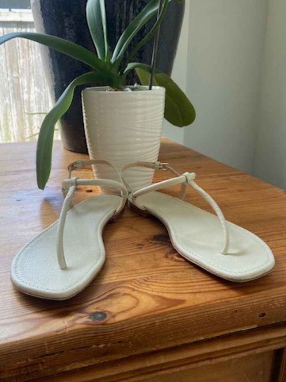 Current Aerin Ecru Leather T Strap Thong Sandals with Ankle Strap Size 39.5